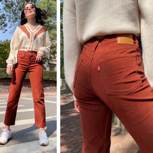 Levi's Premium Wedgie Straight Corduroy Cherry Mahogany Brown Pants - Picture 2 of 14